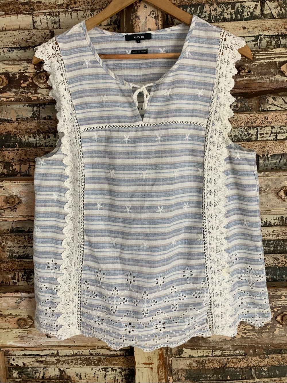 Miss Me Blue Stripe Eyelet Lace Ruffle Boho Tie Neck Top, Coastal, Y2K, L